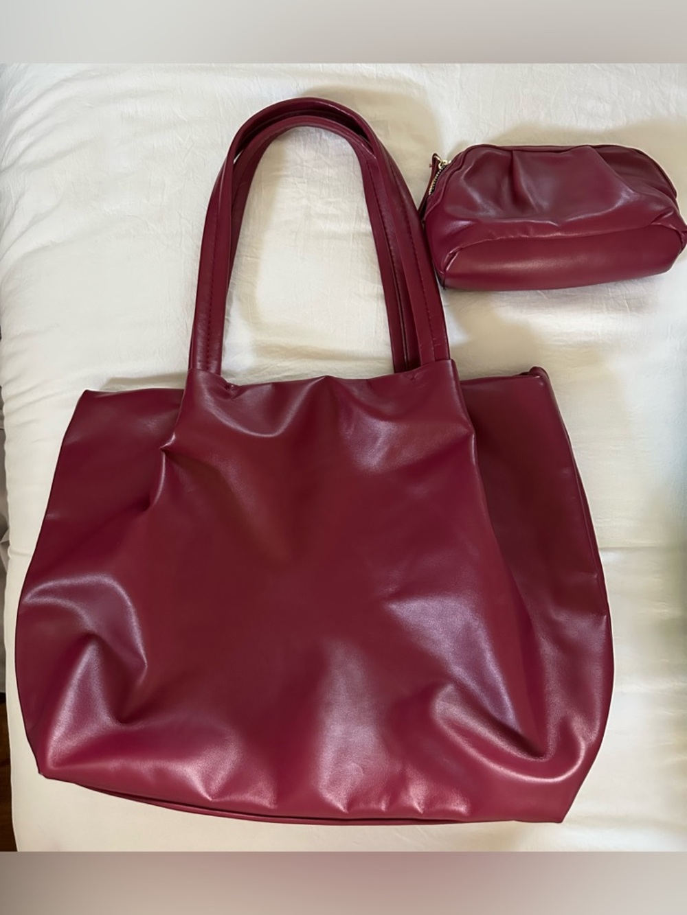 Neiman Marcus Vegan Leather Tote with Matching Pouch Cranberry Red
